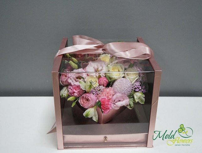 Heart-shaped Box with Flowers and ''Raffaello'' Chocolates photo